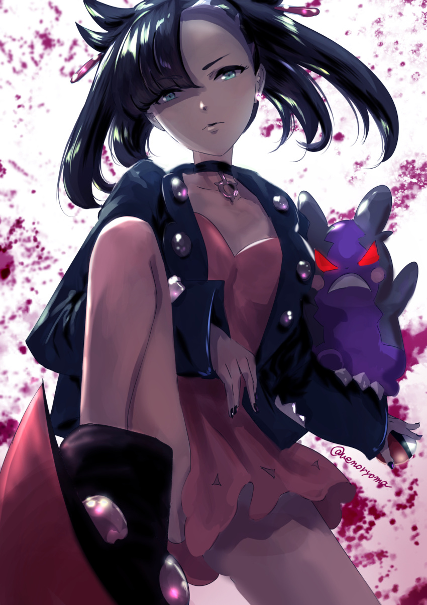 1girl black_hair black_nails choker dark_persona dress eyebrows_visible_through_hair full_body half-closed_eyes highres jacket leather leather_jacket leg_up long_sleeves looking_at_viewer marie_(pokemon) morpeko nail_polish pink_dress poke_ball pokemon pokemon_(game) pokemon_swsh pov short_twintails solo stepped_on twintails uenoryoma