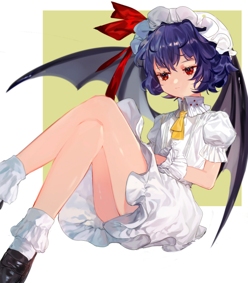 1girl ascot bangs bare_legs bat_wings black_footwear blue_hair bobby_socks commentary crossed_legs dress feet_out_of_frame frilled_shirt_collar frills green_background hair_between_eyes hat hat_ribbon highres jitome knees_up loafers mob_cap puffy_short_sleeves puffy_sleeves red_eyes red_ribbon remilia_scarlet ribbon shoes short_dress short_hair short_sleeves sitting socks solo thighs tian_(my_dear) touhou two-tone_background white_background white_dress white_headwear white_legwear wings wrist_cuffs yellow_neckwear