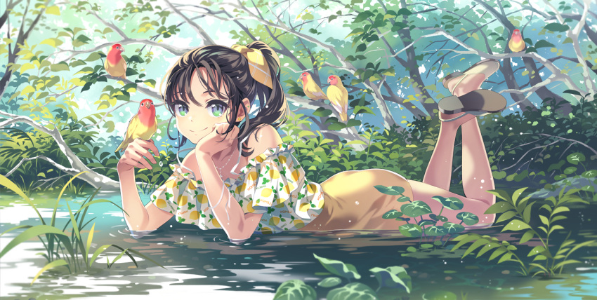 1girl bangs bare_shoulders bf._(sogogiching) bird bird_on_hand black_hair blouse chin_rest day earrings feet_up food_print full_body green_eyes hair_ribbon head_on_hand jewelry lemon_print long_hair looking_at_viewer lovebird lying makeup mascara miniskirt nature necklace off_shoulder on_stomach original outdoors parrot plant ponytail puddle ribbon sandals skirt smile solo spaghetti_strap stud_earrings tree water wet yellow_skirt