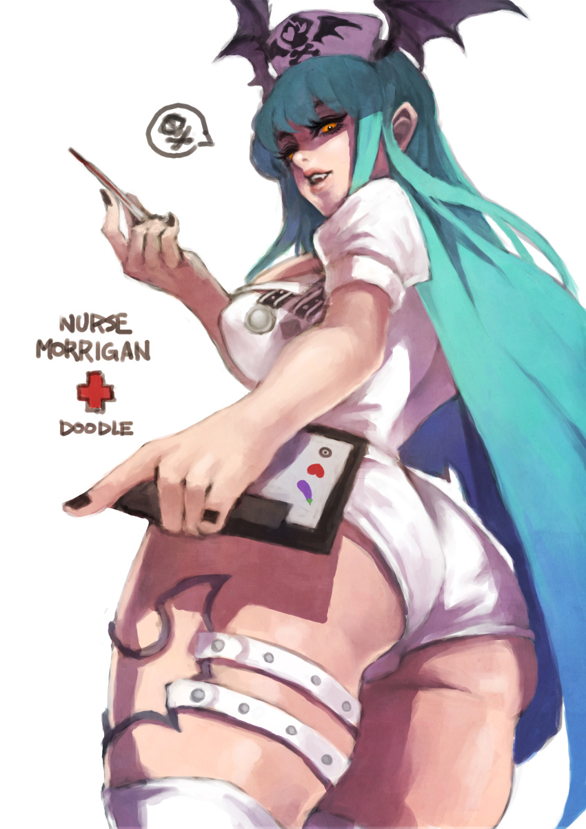 1girl absurdres alternate_costume ass black_nails breasts clipboard demon_girl eyelashes fang green_hair hat head_wings highres large_breasts long_hair monori_rogue morrigan_aensland nurse nurse_cap over-kneehighs shorts solo succubus thermometer thigh-highs thigh_strap vampire_(game) white_legwear yellow_eyes