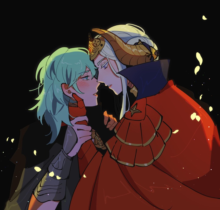 2girls black_background blush byleth_(fire_emblem) byleth_eisner_(female) cape edelgard_von_hresvelg eye_contact eyebrows_visible_through_hair eyelashes fire_emblem fire_emblem:_three_houses gauntlets green_hair hand_on_another's_face highres imminent_kiss looking_at_another medium_hair multiple_girls oratoza parted_lips petals red_cape silver_hair tiara upper_body yuri