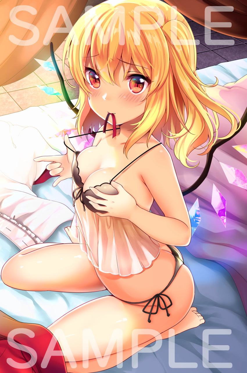 1girl ass babydoll bangs bare_arms bare_legs bare_shoulders barefoot bed black_bra black_panties blonde_hair blush bra breasts butt_crack clothes_removed commentary_request crystal curtains eyebrows_visible_through_hair flandre_scarlet hair_between_eyes hand_on_own_chest highres indoors long_hair looking_at_viewer medium_breasts mouth_hold no_hat no_headwear one_side_up panties pulled_by_self red_eyes red_skirt rimu_(kingyo_origin) sample see-through seiza shadow shirt shirt_removed side-tie_panties sitting skirt skirt_removed solo strap_pull thighs touhou underwear watermark white_shirt wings