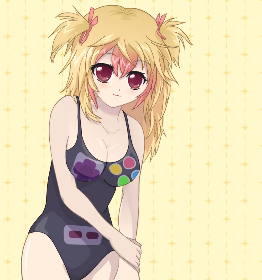 1girl :3 arm_at_side blonde_hair brown_eyes cleavage crush_crush looking_at_viewer mio_(crush_crush) multicolored_hair one-piece_swimsuit smirk swimsuit twintails