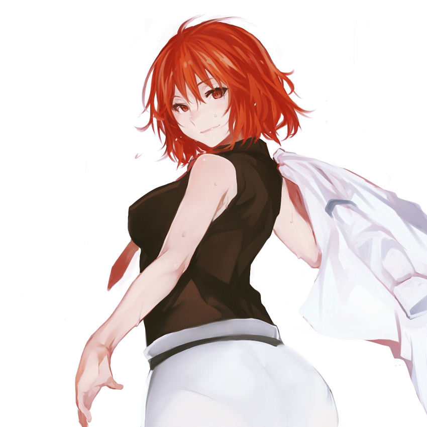 1girl ass bangs bare_arms bare_shoulders black_shirt breasts coat coat_removed commentary_request cowboy_shot eyebrows_visible_through_hair from_behind hair_between_eyes highres holding_clothes horikawa_raiko large_breasts looking_at_viewer looking_back necktie red_eyes red_neckwear redhead shirt short_hair simple_background skirt sleeveless sleeveless_shirt smile solidstatesurvivor solo standing touhou white_background white_coat white_skirt