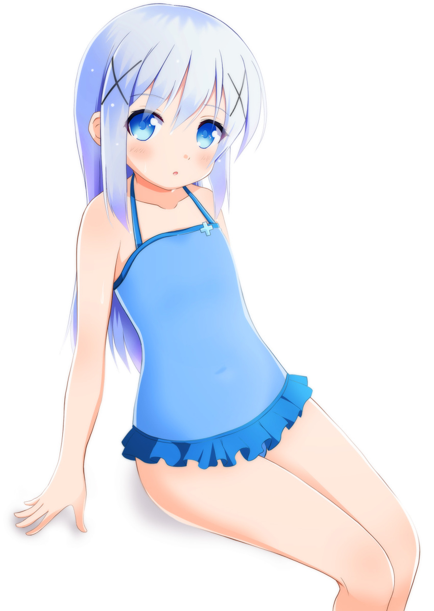 1girl blue_eyes blue_hair blue_swimsuit blush casual_one-piece_swimsuit commentary_request gochuumon_wa_usagi_desu_ka? hair_ornament hairclip highres kafuu_chino kimura_matsuri long_hair one-piece_swimsuit simple_background sitting solo swimsuit white_background