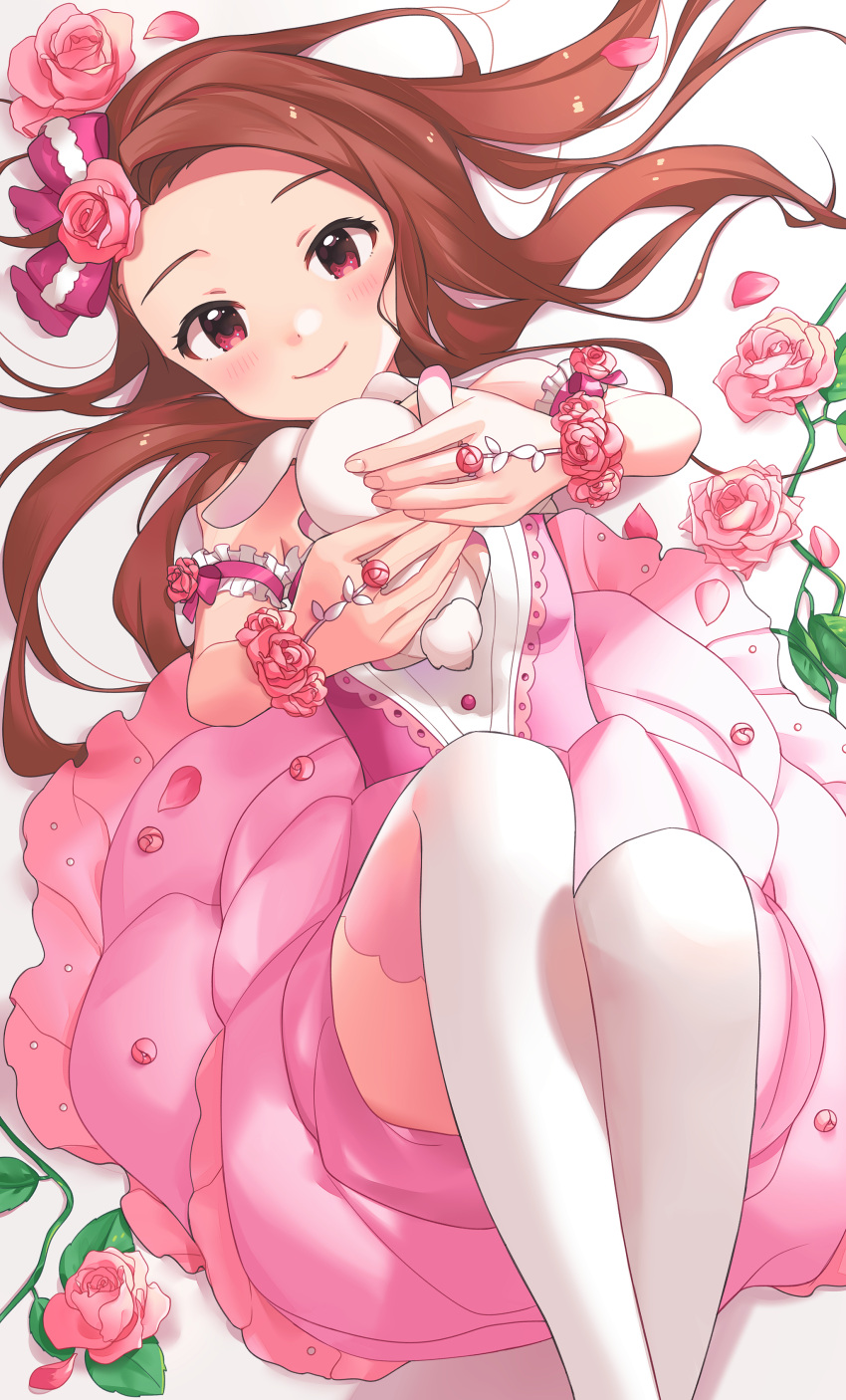 1girl absurdres bare_shoulders blush bow breasts brown_eyes brown_hair commentary_request dress flower highres idolmaster idolmaster_million_live! idolmaster_million_live!_theater_days long_hair looking_at_viewer minase_iori naijow pink_dress pink_flower pink_rose purple_bow rose small_breasts smile solo stuffed_animal stuffed_bunny stuffed_toy thigh-highs white_legwear