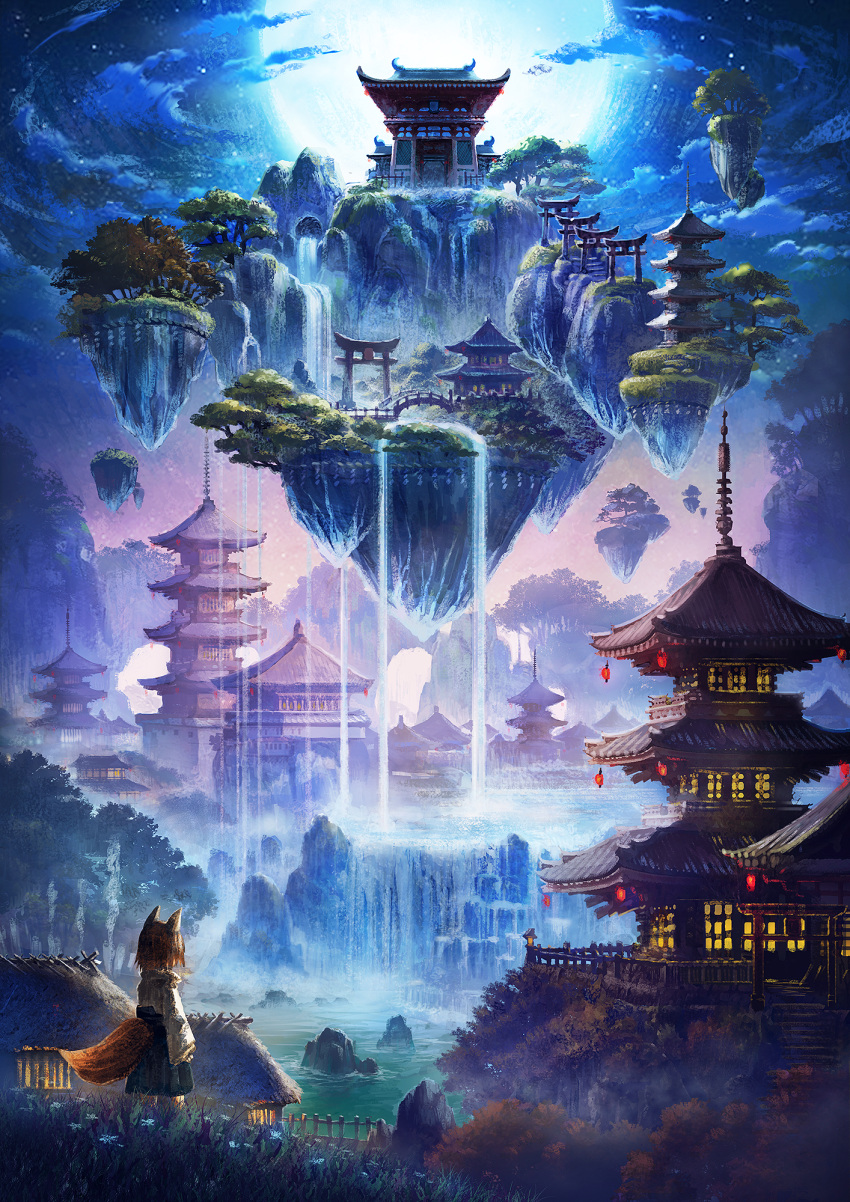 1girl animal_ears arch architecture bridge brown_hair clouds commentary_request east_asian_architecture fantasy floating_island flower forest fox_ears fox_tail full_moon grass hakama highres japanese_clothes lake lantern moon nature original pagoda revision scenery short_hair skirt solo stairs star_(sky) tail tami torii tree water waterfall