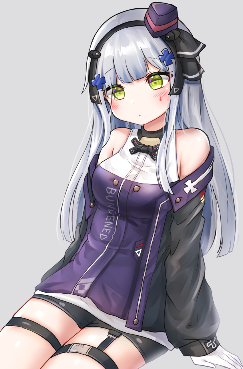 1girl absurdres bare_shoulders black_shorts blush clothes_writing dress expressionless eyebrows_visible_through_hair german_flag girls_frontline gloves green_eyes grey_background grey_eyes hair_ornament hair_ribbon hat head_tilt highres hk416_(girls_frontline) honyang jacket long_hair looking_at_viewer mini_hat off_shoulder open_clothes open_jacket purple_dress ribbon shorts simple_background sitting solo tattoo thigh_strap white_gloves