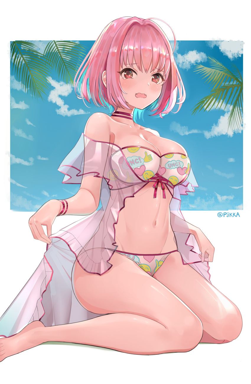 1girl absurdres ahoge bare_shoulders blush breasts choker clothes_lift clouds cloudy_sky front-tie_top full_body heart heart_print highres idolmaster idolmaster_cinderella_girls large_breasts lifted_by_self multicolored_hair navel off_shoulder open_mouth palm_tree pink_eyes pink_hair pjkka purple_choker shiny shiny_skin signature sitting skindentation sky solo stomach tears thighs tree two-tone_hair wavy_mouth yumemi_riamu