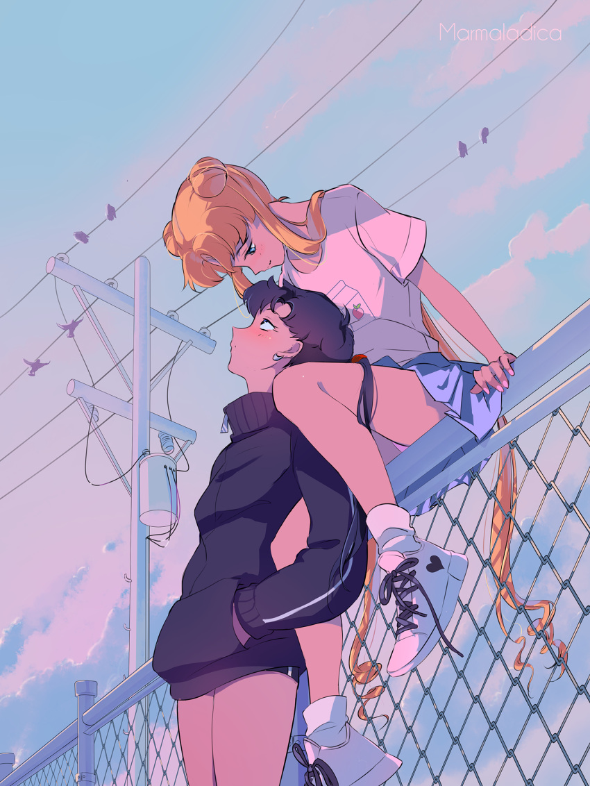 2girls bird bishoujo_senshi_sailor_moon black_hair blonde_hair blue_eyes blush casual chain-link_fence double_bun earrings eye_contact fence highres jewelry leaning_on_person long_hair looking_at_another low_ponytail marmalade_(elfless_vanilla) multiple_girls power_lines sailor_moon seiya_kou shirt shoes sitting sitting_on_fence skirt smile sneakers standing sunset t-shirt telephone_pole track_suit tsukino_usagi twintails very_long_hair yuri