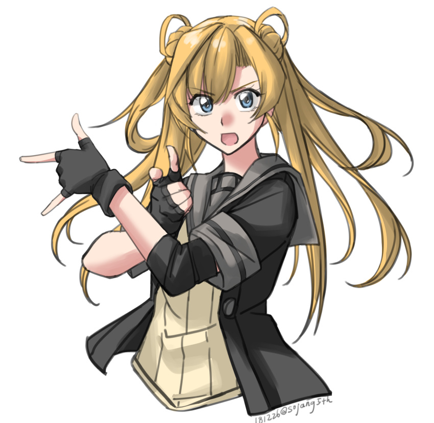 1girl abukuma_(kantai_collection) bishoujo_senshi_sailor_moon black_gloves black_jacket blonde_hair blue_eyes cropped_torso dated diomedea double_bun gloves grey_sailor_collar hair_rings highres jacket kadokawa kadokawa_games kantai_collection long_hair look-alike looking_at_viewer neck_ribbon partly_fingerless_gloves pose red_ribbon remodel_(kantai_collection) ribbon sailor_collar school_uniform serafuku short_sleeves simple_background sozan tsuki_ni_kawatte_oshioki_yo twitter_username upper_body white_background