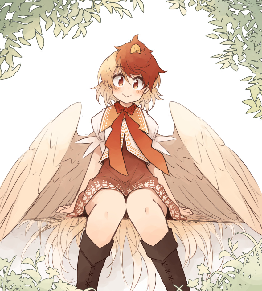 1girl :&gt; absurdres arms_at_sides bird bird_girl bird_wings blonde_hair blush_stickers boots chick cross-laced_footwear feathered_wings head_tilt highres kaginoni knee_boots legs looking_at_viewer niwatari_kutaka no_nose puffy_short_sleeves puffy_sleeves short_sleeves sitting solo touhou wings