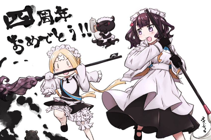 0_0 2girls :d abigail_williams_(fate/grand_order) animal apron bangs black_dress black_footwear black_gloves blonde_hair bloomers blush_stickers braid butterfly_hair_ornament commentary_request crossed_bandaids cup dress eyebrows_visible_through_hair fate/grand_order fate_(series) gloves hair_ornament heroic_spirit_chaldea_park_outfit highres holding holding_cup ink jacket katsushika_hokusai_(fate/grand_order) keyhole long_hair long_sleeves maid_apron maid_headdress mary_janes multiple_girls neon-tetora octopus open_clothes open_jacket open_mouth parted_bangs pouring purple_hair shirt shoes sidelocks sleeveless sleeveless_dress sleeves_past_fingers sleeves_past_wrists smile standing standing_on_one_leg teacup teapot tentacles tokitarou_(fate/grand_order) translated underwear v-shaped_eyebrows very_long_hair violet_eyes white_apron white_background white_bloomers white_jacket white_shirt