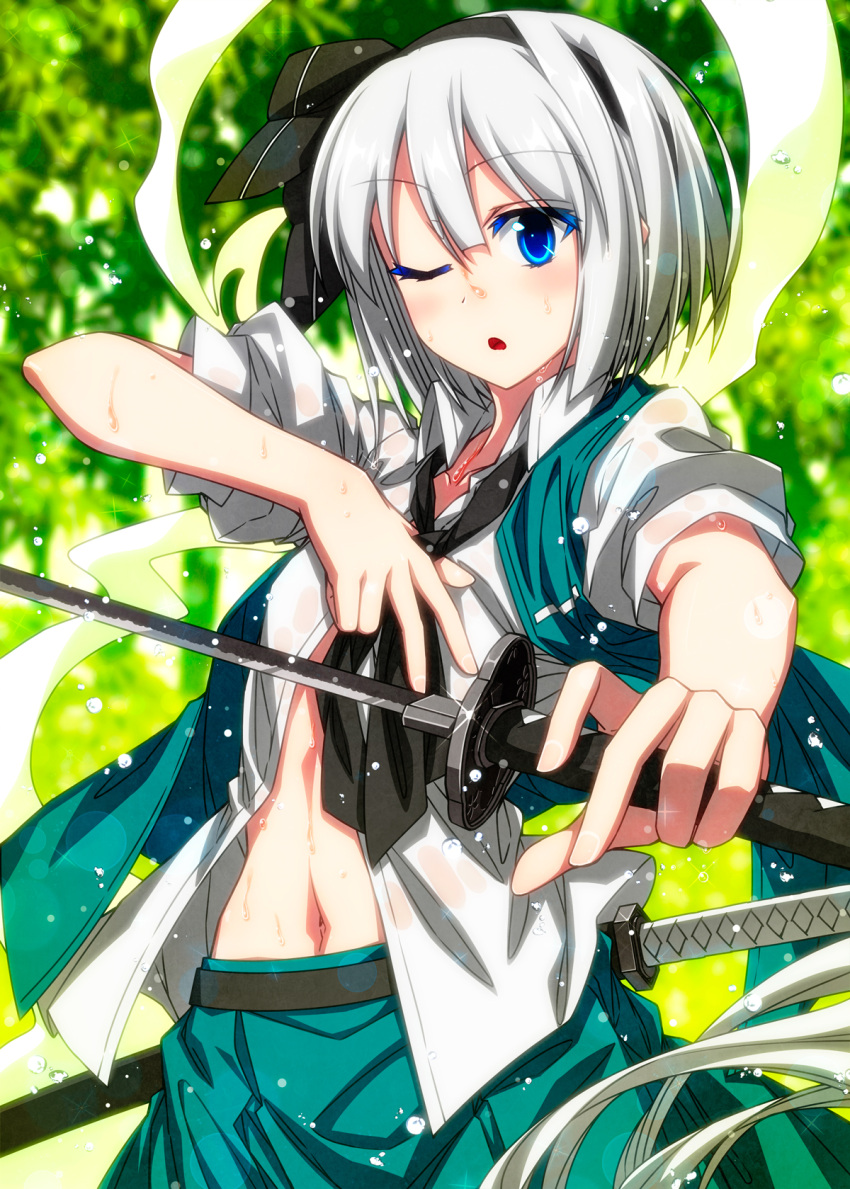 1girl arm_up belt black_belt black_hairband black_neckwear black_ribbon blue_eyes blurry blurry_background blush collarbone colored_eyelashes commentary_request cowboy_shot glint green_skirt green_vest hair_ribbon hairband highres hitodama holding holding_sword holding_weapon katana konpaku_youmu konpaku_youmu_(ghost) left-handed lens_flare looking_at_viewer navel necktie one_eye_closed open_mouth puffy_short_sleeves puffy_sleeves ribbon sazanami_mio scabbard sheath sheathed shirt short_hair short_sleeves sidelocks silver_hair skirt skirt_set solo standing stomach sword touhou vest water_drop weapon wet wet_clothes wet_shirt white_shirt wing_collar