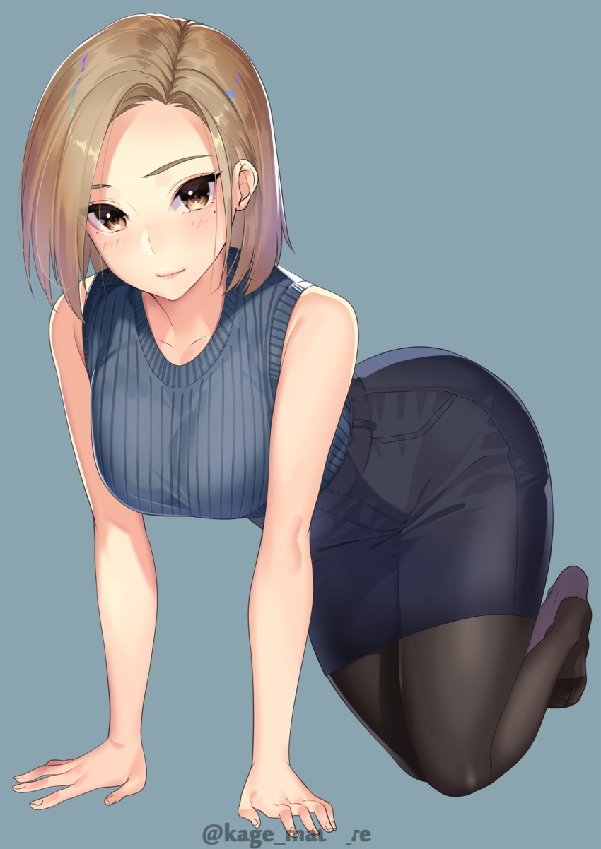 1girl all_fours bare_arms bare_shoulders black_legwear black_skirt breasts brown_eyes brown_hair closed_mouth collarbone forehead grey_background high-waist_skirt highres kagematsuri large_breasts looking_at_viewer mole mole_under_eye no_shoes original pantyhose pencil_skirt ribbed_sweater short_hair sidelocks simple_background skirt sleeveless solo sweater twitter_username