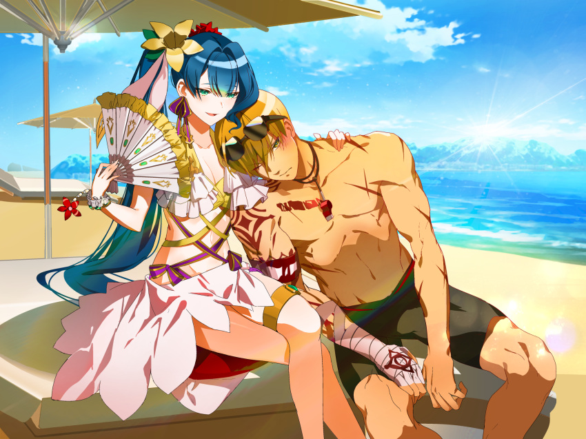 bellona_(epic7) bikini blonde_hair blush breasts epic7 fan green_eyes highres j_na long_hair ocean sand sez_(epic7) sky summer swimsuit tattoo umbrella