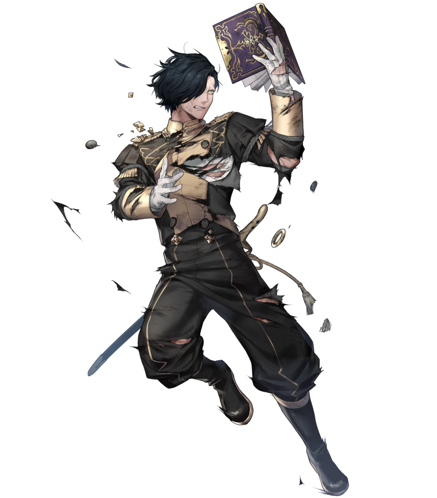 1boy black_hair book boots epaulettes fire_emblem fire_emblem:_three_houses fire_emblem_heroes full_body gloves green_eyes hair_over_one_eye highres hubert_von_vestra injury male_focus official_art p-nekor solo sword teeth torn_clothes transparent_background weapon