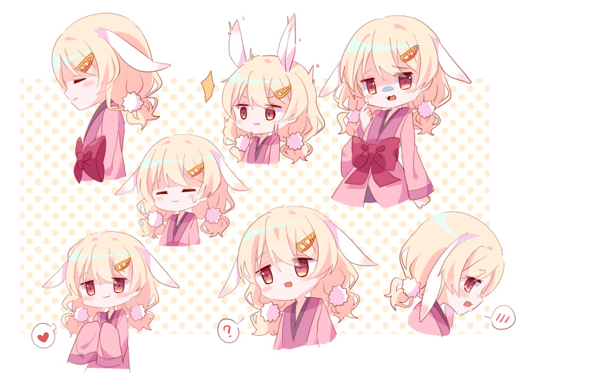 1girl :3 :d =_= ? animal_ears bangs blonde_hair blush bow brown_eyes chibi cold_you expressions extra_ears eyebrows_visible_through_hair eyes_visible_through_hair hair_ornament hair_tie hairclip heart highres large_bow long_hair long_sleeves looking_at_viewer low_twintails multiple_views open_mouth original polka_dot polka_dot_background profile rabbit_ears red_bow simple_background smile spoken_blush spoken_heart spoken_question_mark startled twintails