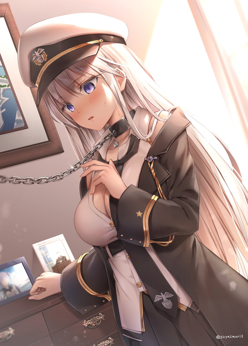 1girl absurdres azur_lane bangs bare_shoulders black_neckwear black_skirt blush breasts chain collar collared_shirt day dutch_angle enterprise_(azur_lane) eyebrows_visible_through_hair glint hat highres indoors large_breasts long_hair necktie open_mouth peaked_cap photo_(object) shirt silver_hair skirt sleeveless sleeveless_shirt solo suya2mori2 twitter_username very_long_hair violet_eyes