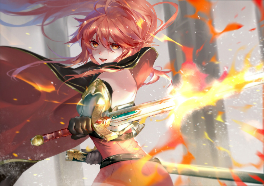 1girl bare_back breasts cape cermia_(epic7) epic7 fire highres long_hair looking_at_viewer red_eyes redhead sword vardan weapon weapon_bag