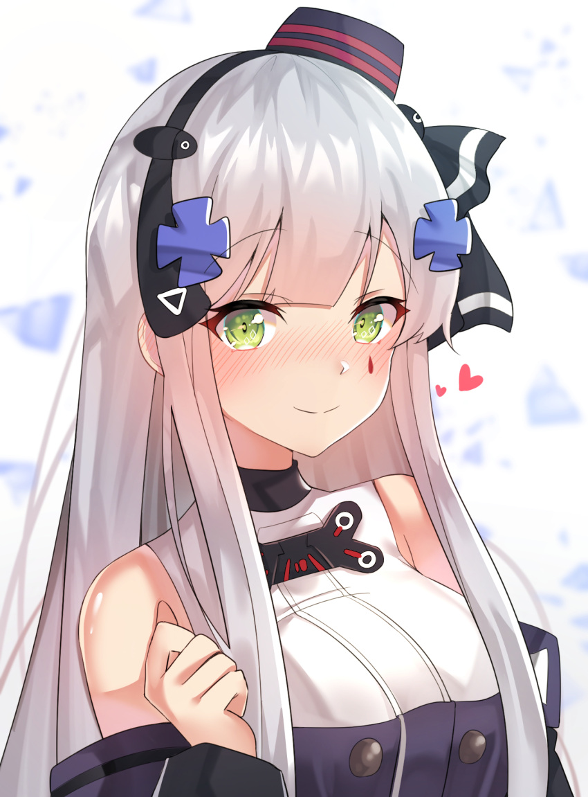 1girl bangs blunt_bangs blush breasts dress eyebrows_visible_through_hair facial_mark girls_frontline green_eyes hair_ornament hair_ribbon hand_up hat headset heart highres hk416_(girls_frontline) jacket long_hair looking_at_viewer medium_breasts meow_nyang mini_hat mod3_(girls_frontline) off_shoulder purple_jacket ribbon silver_hair solo teardrop upper_body very_long_hair white_dress