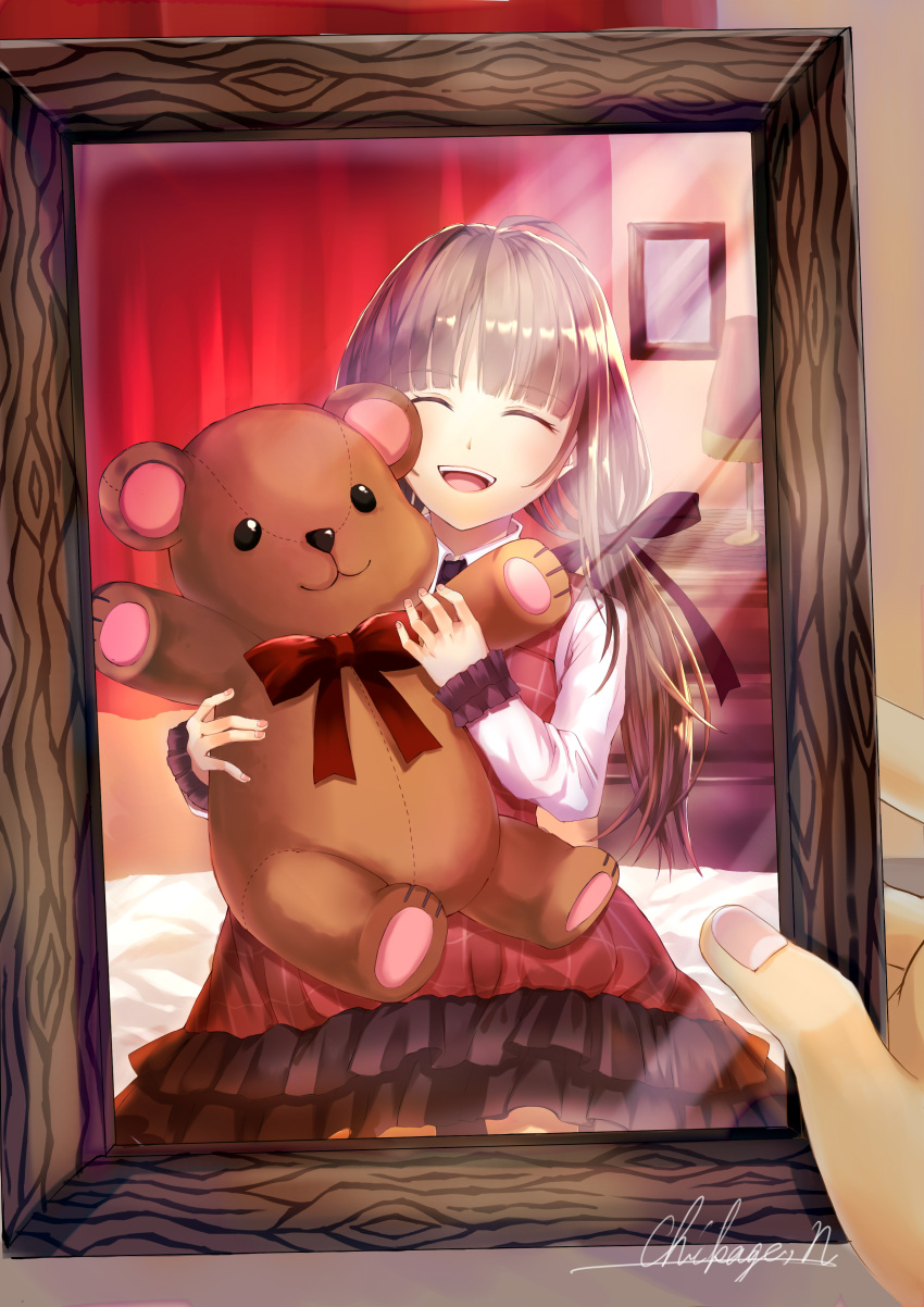 1girl absurdres bangs blunt_bangs brown_hair closed_eyes curtains hands highres holding holding_photo holding_stuffed_animal lamp long_sleeves mochidukii on_bed open_mouth original photo_(object) pink_nails red_curtains red_skirt signature skirt smile stuffed_animal stuffed_toy teddy_bear
