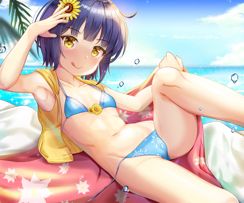 1girl :q arm_up bangs bare_arms bare_shoulders bikini blue_bikini blue_hair blue_sky blurry blurry_background blush breasts clouds collarbone commentary_request day depth_of_field drawstring eyebrows_visible_through_hair feet_out_of_frame floral_print flower gochuumon_wa_usagi_desu_ka? hair_flower hair_ornament holding horizon jacket jouga_maya knee_up looking_at_viewer lying navel niiya ocean on_back open_clothes open_jacket outdoors palm_tree short_hair side-tie_bikini sky sleeveless sleeveless_jacket small_breasts solo sunflower swimsuit tongue tongue_out tree untied untied_bikini water yellow_eyes yellow_flower yellow_jacket