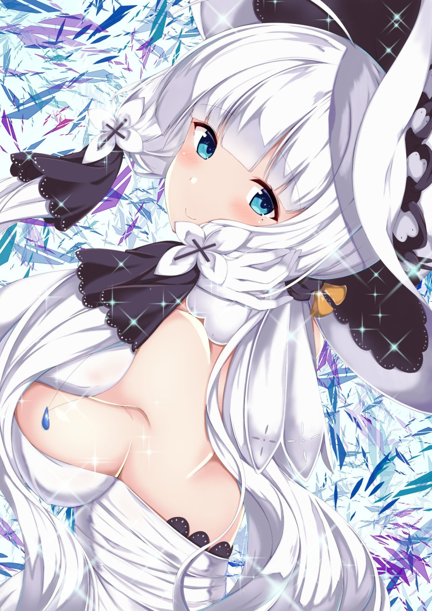 1girl armlet azur_lane bangs blue_eyes blush breasts dress elbow_gloves eyebrows_visible_through_hair gloves hair_ornament hair_ribbon hand_up hat head_tilt highres illustrious_(azur_lane) lace-trimmed_hat lace_trim large_breasts long_hair looking_at_viewer mamizu mole mole_under_eye ribbon smile solo strapless strapless_dress sun_hat white_dress white_gloves white_hair white_headwear