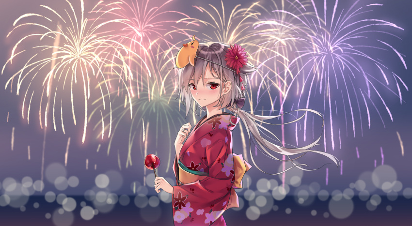 1girl azur_lane black_bow blush bow candy_apple closed_mouth commentary_request eyebrows_visible_through_hair fireworks floating_hair floral_print food from_side hair_between_eyes hair_bow hair_flaps hair_ornament highres holding holding_food japanese_clothes kanzashi kimono lens_flare long_hair looking_at_viewer low_ponytail mask mask_on_head montpelier_(azur_lane) nose_blush obi redhead sash shokoori silver_hair smile solo tsumami_kanzashi very_long_hair yukata
