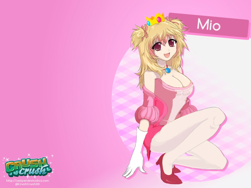 1girl blonde_hair brown_eyes character_name cleavage cosplay crown crush_crush high_heels looking_at_viewer mio_(crush_crush) peach_hair_ornament pink_background pink_footwear princess_peach_(cosplay) smile solo twintails