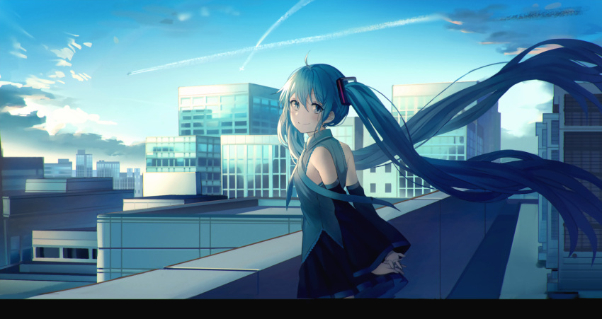 1girl ahoge aqua_eyes aqua_hair bare_shoulders black_skirt blue_sky building city cityscape clouds condensation_trail day detached_sleeves floating_hair grey_shirt hatsune_miku letterboxed long_hair long_sleeves looking_at_viewer miniskirt necktie outdoors pleated_skirt popuru rooftop shirt sidelocks skirt sky smile solo standing twintails very_long_hair vocaloid wide_sleeves