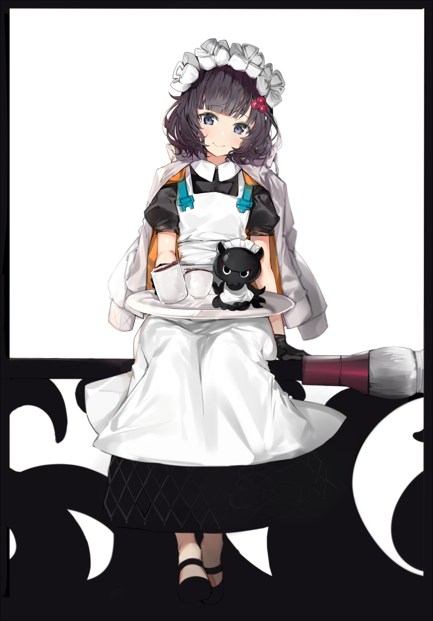 1girl alternate_costume animal apron bangs black_border black_dress black_footwear black_gloves blue_eyes border calligraphy_brush closed_mouth cup dress enmaided fate/grand_order fate_(series) flower gloves grey_jacket hair_flower hair_ornament heroic_spirit_chaldea_park_outfit highres jacket jacket_on_shoulders katsushika_hokusai_(fate/grand_order) maid maid_headdress octopus open_clothes open_jacket oversized_object paintbrush puffy_short_sleeves puffy_sleeves purple_hair short_hair short_sleeves silver_(chenwen) simple_background sitting smile swept_bangs tokitarou_(fate/grand_order) tray white_background