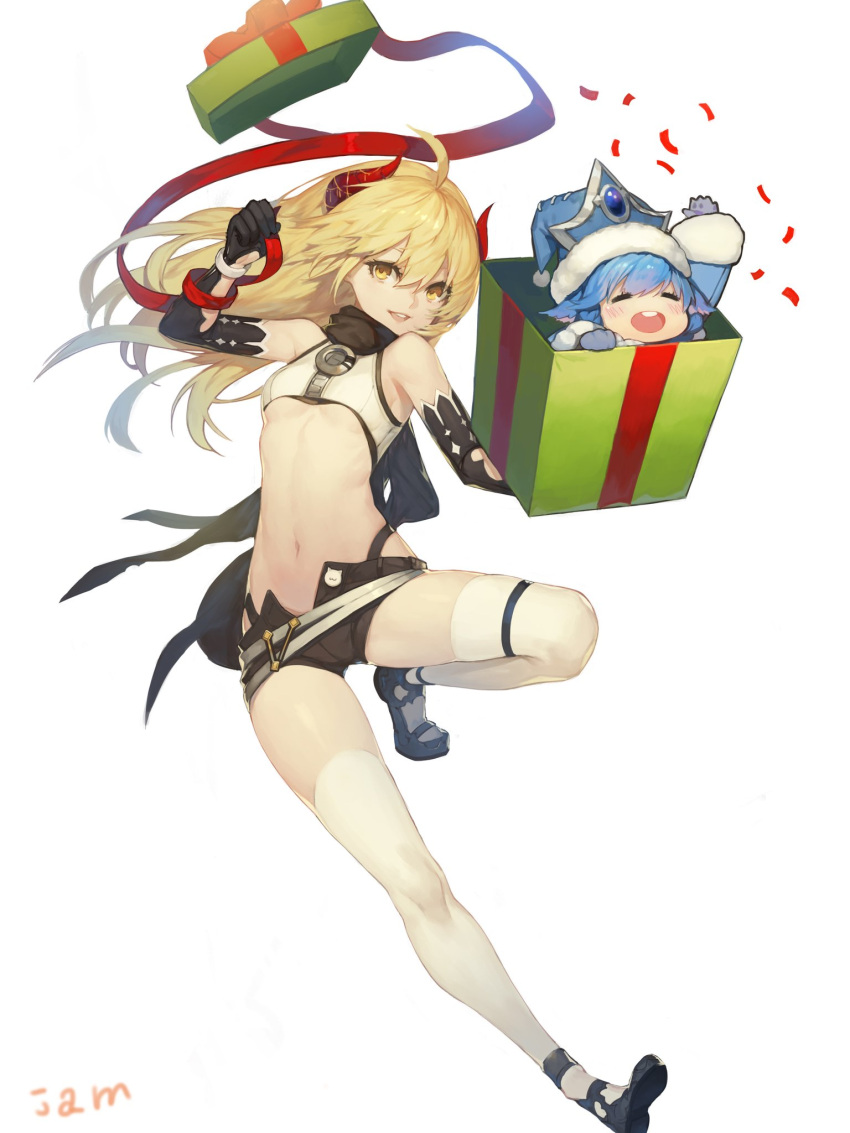 arm_up belt black_footwear black_legwear black_scarf blonde_hair blue_gloves blush box closed_eyes confetti elbow_gloves fur_trim gift gift_box gloves hair_between_eyes hat highres holding holding_box holding_gift horns jam_(nandade) league_of_legends lulu_(league_of_legends) medium_hair navel open_mouth parted_lips pink_lips scarf short_shorts shorts simple_background smile thigh-highs white_background white_legwear winter_clothes yellow_eyes