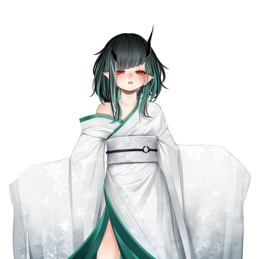 1girl absurdres alternate_costume bangs black_hair blue_hair blush commentary_request demon_girl demon_horns doryudory feet_out_of_frame flat_chest floral_print highres horns japanese_clothes kimono long_sleeves looking_at_viewer medium_hair multicolored_hair obi off_shoulder open_mouth pointy_ears red_eyes sash shishio_chris simple_background sleeves_past_fingers sleeves_past_wrists solo sugar_lyric transparent_background two-tone_hair virtual_youtuber white_kimono white_sash wide_sleeves