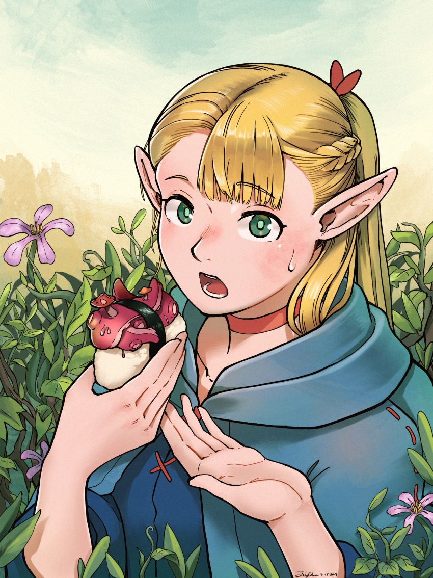 1girl absurdres blonde_hair braid choker cloak dungeon_meshi elf food french_braid green_eyes hair_ribbon highres joeychen long_hair looking_at_viewer marcille mushroom open_mouth pointy_ears red_choker ribbon solo sushi sweatdrop tentacles