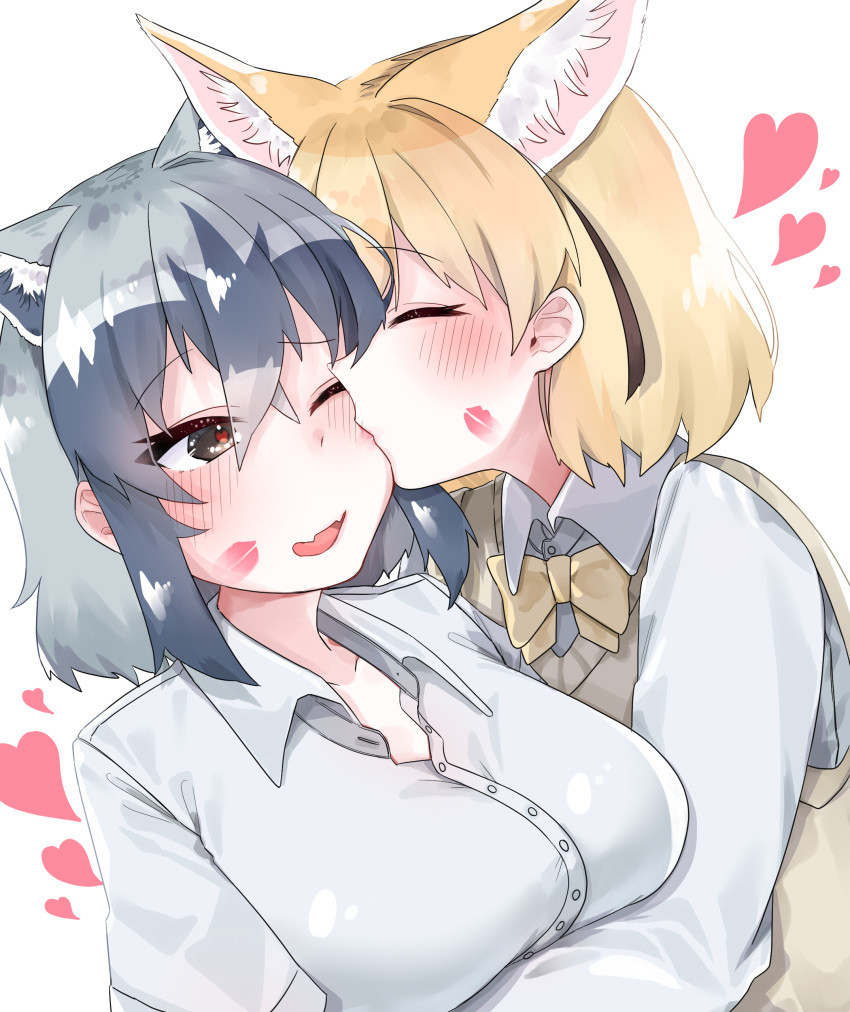 2girls absurdres animal_ear_fluff animal_ears aotan_(aorin114) black_hair blonde_hair blush breasts brown_eyes cheek_kiss closed_eyes collarbone common_raccoon_(kemono_friends) fang fennec_(kemono_friends) heart heart-shaped_pupils highres hug kemono_friends kiss lipstick_mark long_sleeves looking_at_another medium_hair multicolored_hair multiple_girls one_eye_closed open_mouth ribbon shirt short_sleeves simple_background skin_fang smile symbol-shaped_pupils tongue vest white_background white_shirt yuri