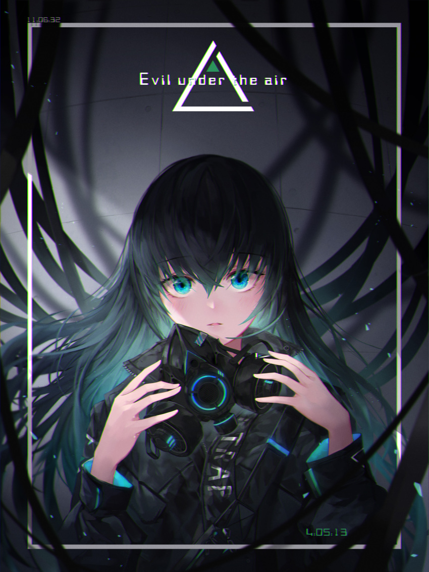 absurdres black_hair blue_eyes blush chromatic_aberration crystalherb gas_mask highres indoors long_sleeves looking_at_viewer mask mask_removed original power_lines shadow standing upper_body
