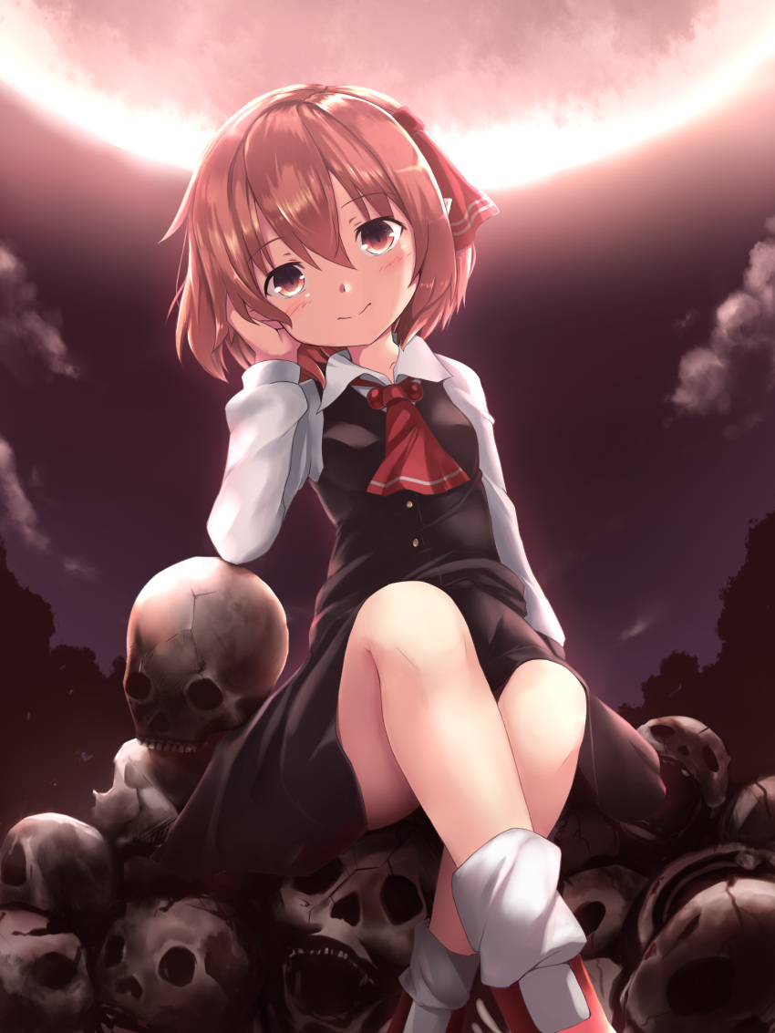 1girl ascot bangs black_skirt black_vest blonde_hair blush breasts clouds commentary_request crossed_legs eyebrows_visible_through_hair feet_out_of_frame hair_between_eyes hair_ribbon hand_up head_rest highres kuro_(baseball0000) long_sleeves looking_at_viewer moon night night_sky outdoors red_eyes red_footwear red_moon red_neckwear red_ribbon ribbon rumia shirt shoes short_hair sitting skirt skirt_set skull sky small_breasts smile socks solo touhou vest white_legwear white_shirt