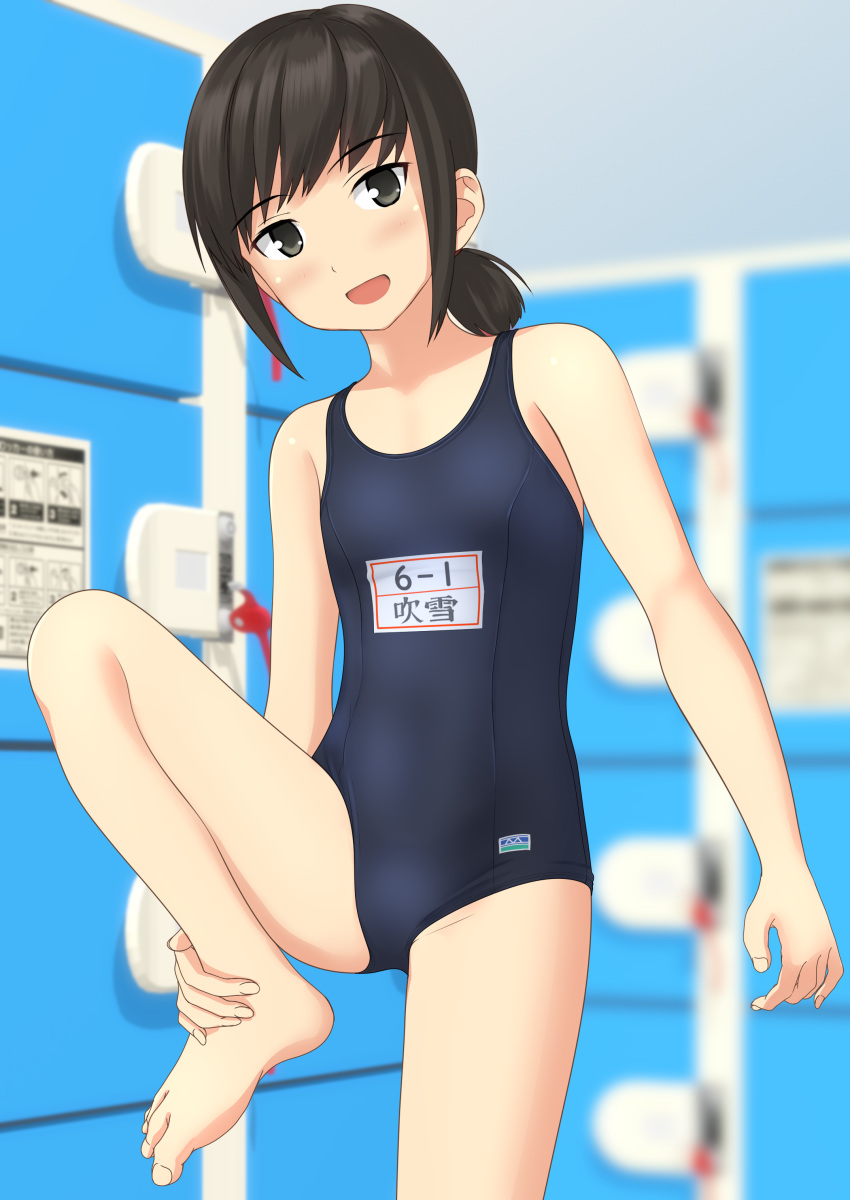 1girl :d absurdres barefoot black_eyes black_hair black_swimsuit commentary_request cowboy_shot fubuki_(kantai_collection) highres indoors kantai_collection light_blush locker locker_room long_hair looking_at_viewer low_ponytail name_tag new_school_swimsuit open_mouth ponytail school_swimsuit short_ponytail sidelocks smile solo standing standing_on_one_leg swimsuit takafumi