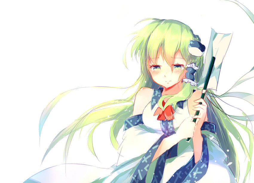 1girl absurdres ascot backlighting bangs bare_shoulders blush breasts chinese_commentary commentary_request derivative_work detached_sleeves eyebrows_visible_through_hair frog_hair_ornament gohei green_eyes green_hair hair_between_eyes hair_ornament hair_tubes heida_zhu highres holding kochiya_sanae long_hair long_sleeves looking_at_viewer medium_breasts red_neckwear shirt simple_background single_sidelock solo tears touhou upper_body very_long_hair white_background white_shirt wide_sleeves