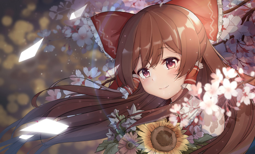 1girl absurdres bangs bare_shoulders blue_flower blurry blurry_background blush bow brown_hair cherry_blossoms chinese_clothes commentary_request eyebrows_visible_through_hair flower frilled_bow frilled_shirt_collar frills hair_bow hair_tubes hakurei_reimu head_tilt highres leaf long_hair looking_at_viewer nayu_(apwy7387) pink_flower red_bow red_eyes sidelocks smile solo sunflower touhou upper_body white_flower