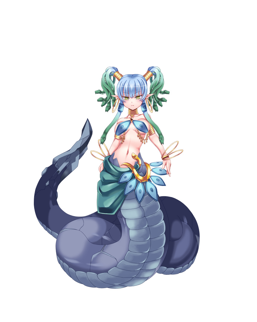 1girl absurdres bangs blue_hair bracelet closed_mouth earrings eyebrows_visible_through_hair fangs full_body gold gorgon hand_on_hip highres jewelry lamia looking_at_viewer medusa_(monster_girl_encyclopedia) midriff monster_girl monster_girl_encyclopedia navel pointy_ears simple_background snake snake_hair snake_tail sogegin tail twintails white_background yellow_eyes