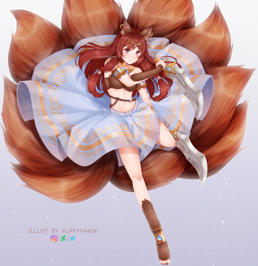 1girl animal_ears artist_name bangs bare_shoulders blush breasts brown_hair brown_nails commentary dagger deviantart_logo earrings english_commentary eyebrows_visible_through_hair fox_ears fox_tail fur fur_bra green_eyes highres holding holding_dagger holding_weapon instagram_logo jewelry kyuubi long_hair long_skirt looking_at_viewer medium_breasts multiple_tails navel original puppypaww ring sharp_toenails skirt solo tail toenails twitter_logo weapon