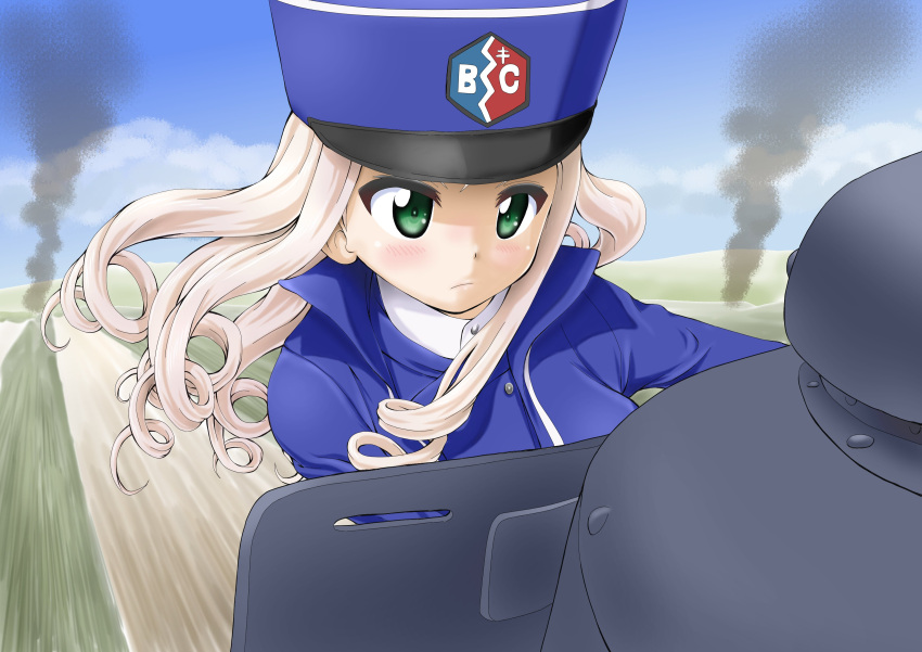 1girl absurdres bc_freedom_(emblem) bc_freedom_military_uniform blonde_hair blue_headwear blue_jacket blue_sky blue_vest closed_mouth clouds cloudy_sky commentary daxz240r day dress_shirt drill_hair emblem frown ft-17 girls_und_panzer green_eyes ground_vehicle hat high_collar highres jacket leaning_to_the_side light_blush long_hair long_sleeves marie_(girls_und_panzer) military military_hat military_uniform military_vehicle motor_vehicle outdoors riding serious shako_cap shirt sky smoke solo tank uniform vest white_shirt wind