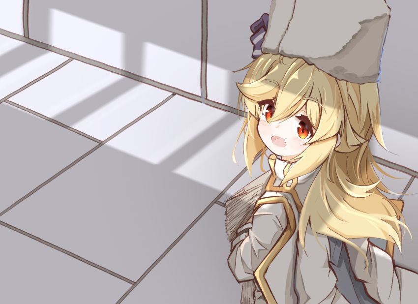 1girl :d bangs blonde_hair blush commentary_request eyebrows_visible_through_hair fur_hat girls_frontline hair_between_eyes hat highres indoors jacket jacket_on_shoulders long_hair long_sleeves matsuo_(matuonoie) nagant_revolver_(girls_frontline) open_mouth red_eyes shirt smile solo white_headwear white_jacket white_shirt