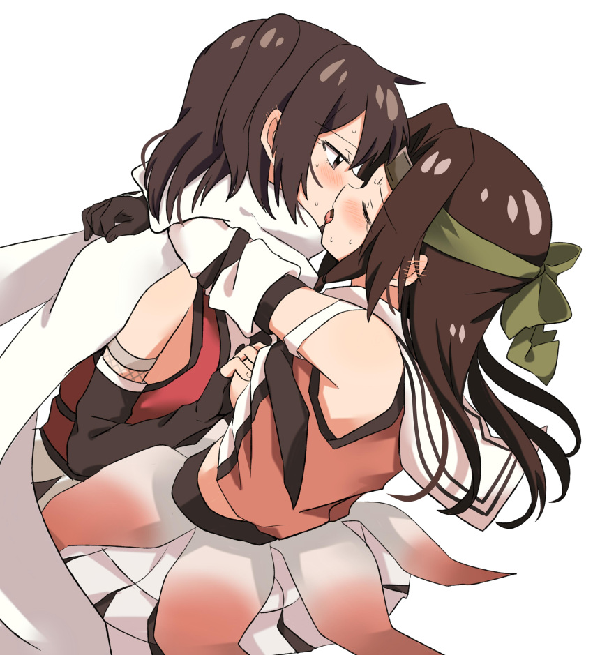 2girls absurdres black_gloves black_skirt brown_eyes brown_hair closed_eyes elbow_gloves fingerless_gloves forehead_protector french_kiss gloves hachimaki hair_intakes half_updo headband highres hug jintsuu_(kantai_collection) kantai_collection kiss long_hair miiii multiple_girls remodel_(kantai_collection) saliva scarf school_uniform sendai_(kantai_collection) serafuku simple_background skirt sleeveless two_side_up white_background white_scarf yuri