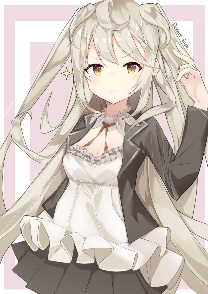 1girl ahoge arm_up bangs blazer blonde_hair bow breasts closed_mouth desert_eagle_(girls_frontline) dress english_text eyebrows_visible_through_hair frills girls_frontline hair_between_eyes highres jacket long_hair long_sleeves looking_at_viewer open_clothes rot_zzi simple_background skirt solo sparkle very_long_hair yellow_eyes