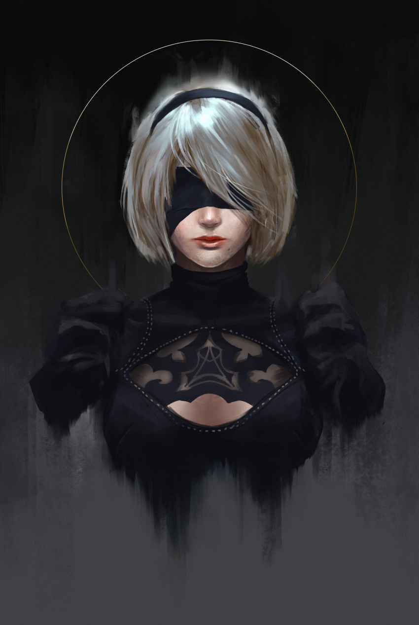1girl absurdres black_blindfold black_dress black_hairband blindfold breasts cleavage_cutout covered_eyes dress facing_viewer hairband highres juliet_sleeves long_sleeves medium_breasts mole mole_under_mouth nier_(series) nier_automata pink_lips puffy_sleeves sam_kim silver_hair solo yorha_no._2_type_b