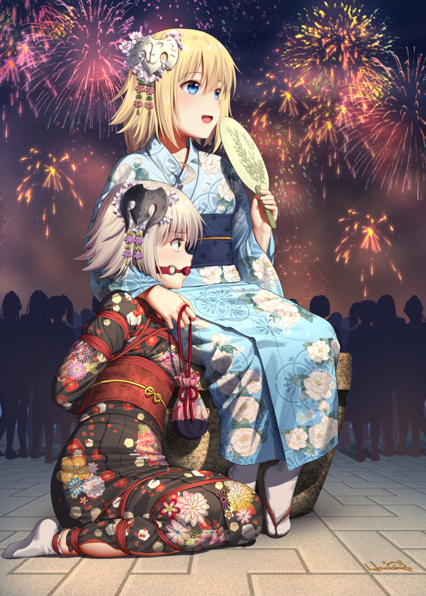 bdsm bondage bound fate/grand_order fate_(series) feet haneru highres japanese_clothes jeanne_d'arc_(alter)_(fate) jeanne_d'arc_(fate) jeanne_d'arc_(fate)_(all) kimono short_hair silver_hair