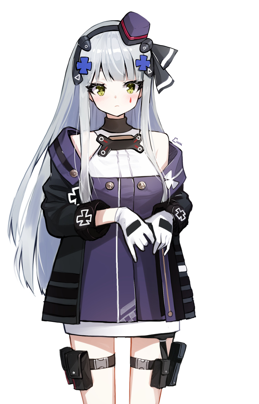 1girl absurdres ankkoyom bangs bare_shoulders blush breasts facial_mark girls_frontline gloves green_eyes hairband hat highres hk416_(girls_frontline) jacket long_hair looking_at_viewer silver_hair simple_background solo thigh_pouch very_long_hair white_background white_gloves
